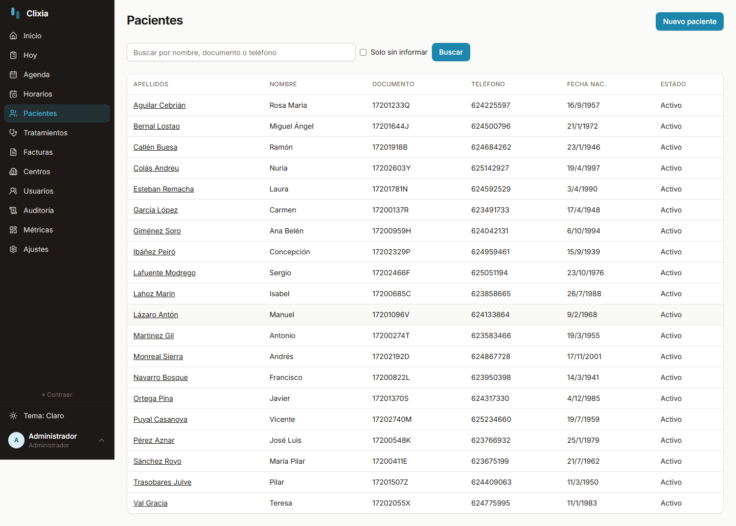 El listado de pacientes con su buscador, documento, tel&eacute;fono, fecha de nacimiento y estado.